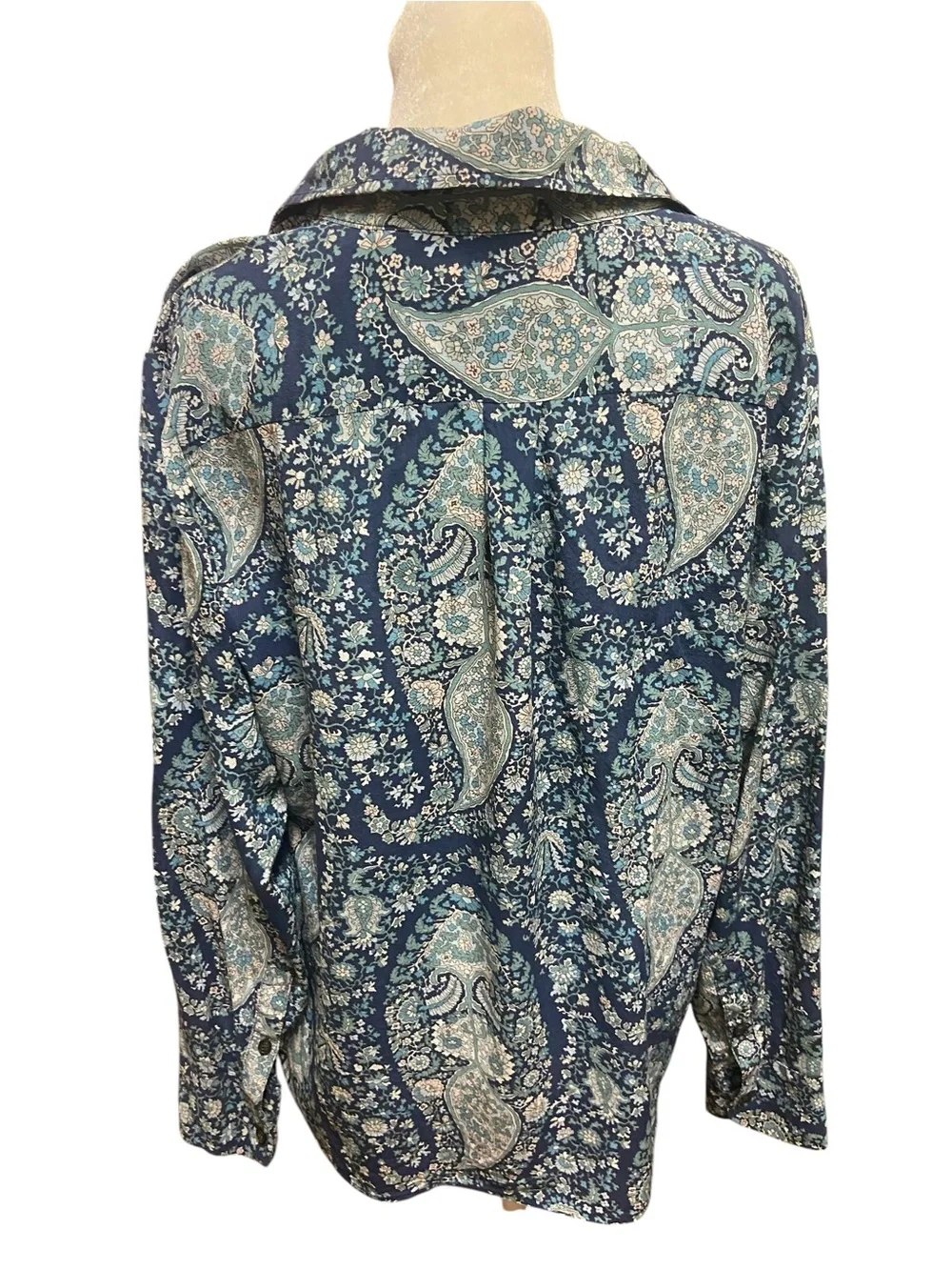 J. Crew Women’s Washable 100% Silk Popover Blouse Oversized Paisley Blue Size M